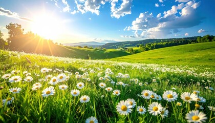 Daisies fill a vibrant green meadow, with rolling hills, clear blue sky, and sunbeams creating a idyllic, scenic landscape view