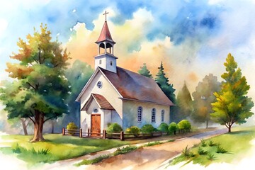 Fototapeta premium Watercolor painting of a quaint country church with trees and a path, under a cloudy sky
