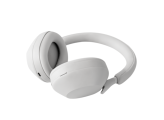 Headphone isolated for business technology design background,Mockup modern white wireless headphones for music template,audio,music,podcast,tech advertising,electronic, e commerce product presentation