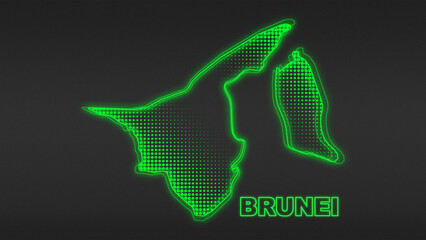 Neon Green Brunei Map Outline Futuristic Digital Glow Halftone Illustration