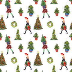 Watercolor seamless pattern featuring women shopping before Christmas, surrounded by trees and festive wreaths. Perfect for holiday wrapping, cards, textiles, and seasonal designs.