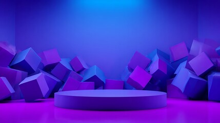 3d rendering of purple and blue abstract geometric background. Scene for advertising, technology, showcase, banner, game, sport, cosmetic, business, metaverse. Sci-Fi Illustration. Product display
