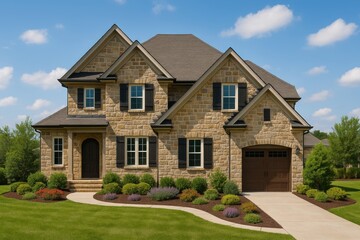 Modern Home in Sunny Day: A picturesque stone-clad house under a bright blue sky, showcasing modern architecture and serene curb appeal.