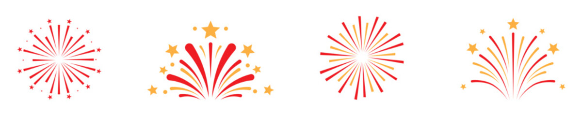 Set of fireworks vector illustrations. Flat illustration on white background.