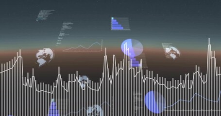 Opening waveform starting globe icons appearing, charts rising, streaming code for live data view - Powered by Adobe