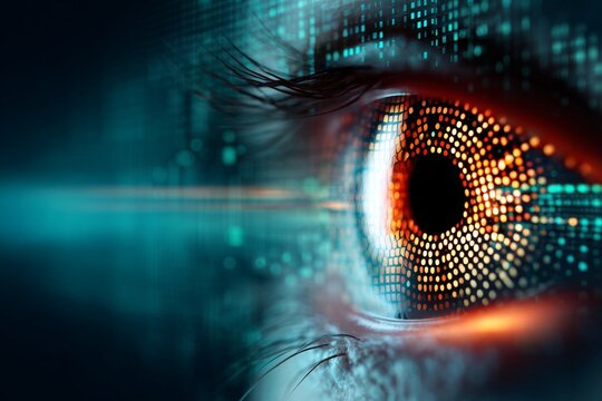 The eye shows a digital iris and some artificial eyelashes in this closeup shot.