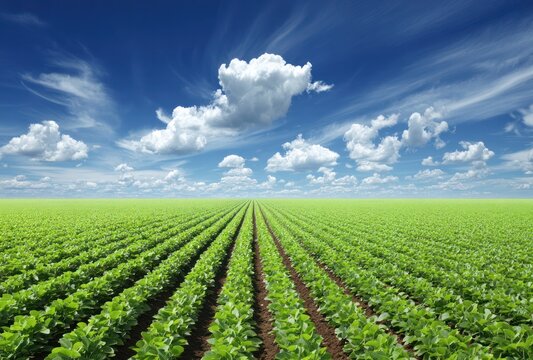 Lush green field stretching to the horizon under a blue sky with fluffy clouds, showcasing organized rows of crops on a sunny day