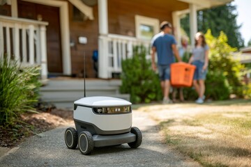 The delivery robot sits on the sidewalk as a couple walks to their house carrying a basket.