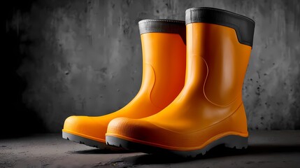 Bright Orange Rubber Boots on Dark Grunge Background for Work Wear