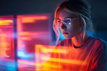 Woman looks at computer screens in dark room.