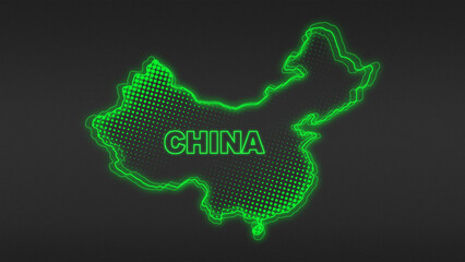 Fototapeta premium Neon Green China Map Outline Futuristic Digital Glow Halftone Illustration