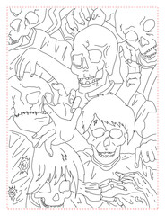 Pile of Skulls with a Monster Coloring Page: Scary and Detailed Horror Art