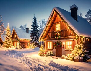 Snowy Christmas village at twilight