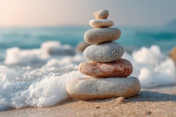 Fototapeta premium Balanced stones create tranquility on a sandy beach at sunset