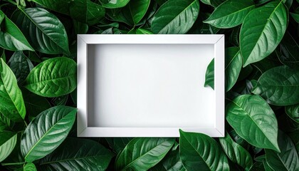 A crisp white picture frame nestled amidst lush, vibrant green leaves creates a natural, organic blank canvas