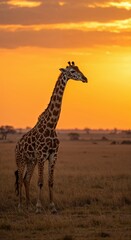 Obraz premium Sunrise on Savannah: A majestic giraffe stands tall against the vibrant orange canvas of a sunrise, a striking silhouette capturing the essence of the African savanna.