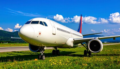White airplane on grassy runway under a bright blue sky