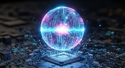Futuristic Globe Above Central Processing Unit With Glowing Data Streams and Circuitry