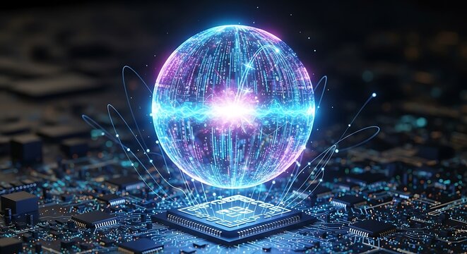 Futuristic Globe Above Central Processing Unit With Glowing Data Streams and Circuitry - Powered by Adobe