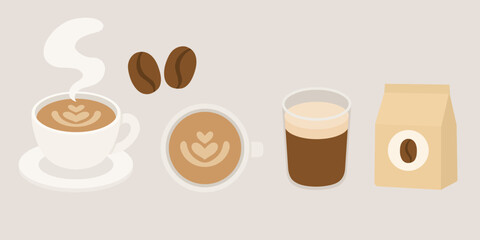 Coffee vector set coffee cup latte art coffee beans package