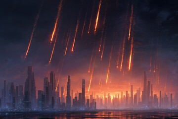 Futuristic Cityscape Under Meteor Shower