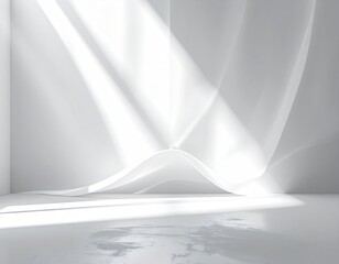Minimalist white room interior with sunlight streaming through draped fabric creating ethereal shadows and soft highlights, creating a serene atmosphere
