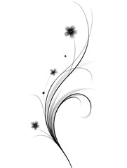 Elegant symmetrical decorative scroll vector with simple black lines on white background featuring two small floral accents, minimalist 2D design, refined curves