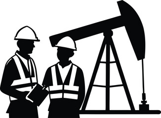 Two oil workers in safety vests discuss operations near an active oil pump jack silhouette vector