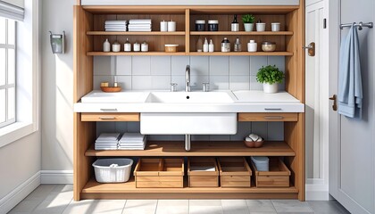 Wooden laundry room cabinetry with white sink, towels, and storage