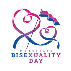 Celebrate bisexuality day - Bisexual flag cross gradient pink purple and blue ribbon with rolling to two heart shape vector design