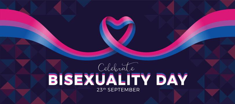 Celebrate bisexuality day - Text and long bisexual flag rolling and waving to heart shape on dark triangle geometric shapes texture vector design
