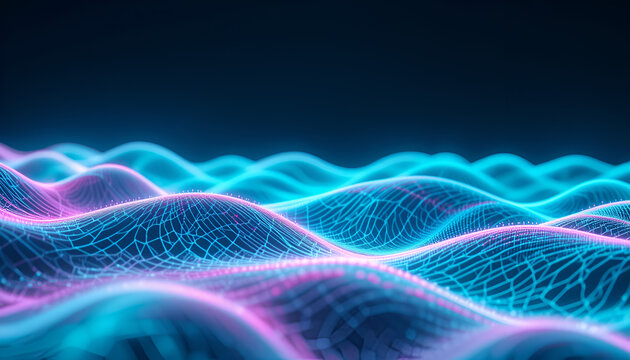 Abstract digital landscape with glowing neon blue and pink waves, representing data flow and network connections in a futuristic cyberspace