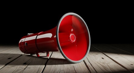 A Vibrant Red Megaphone Propelled Forward on Wood Planks against a Dark Backdrop Demonstrating Urgency and Communication Prominence