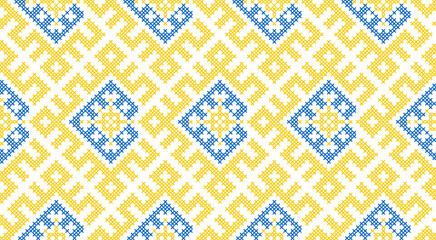Traditional Ukrainian ornament vector, blue and yellow cross-stitch seamless pattern, ethnic vyshyvanka embroidery, folk geometric background for print, fabric, clothing, website, banner
