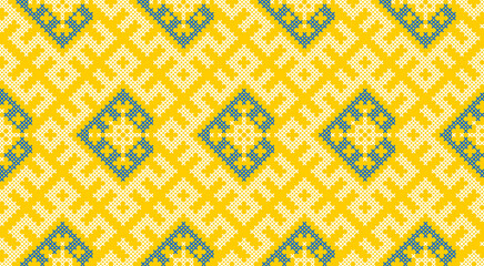 Traditional Ukrainian ornament vector, blue and yellow cross-stitch seamless pattern, ethnic vyshyvanka embroidery, folk geometric background for print, fabric, clothing, website, banner