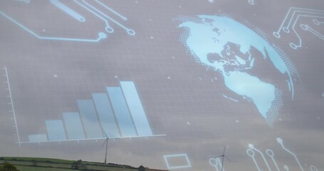 Upon interface activating AR showing rising bars and rotating globe mapping wind turbine data - Powered by Adobe