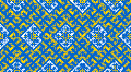 Traditional Ukrainian ornament vector, blue and yellow cross-stitch seamless pattern, ethnic vyshyvanka embroidery, folk geometric background for print, fabric, clothing, website, banner