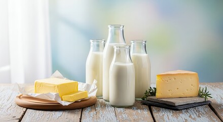 Rustic dairy products arrangement featuring milk bottles, cheese block, and butter still life photography showcases creamy dairy goodness