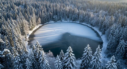 Frozen lake in snowy forest