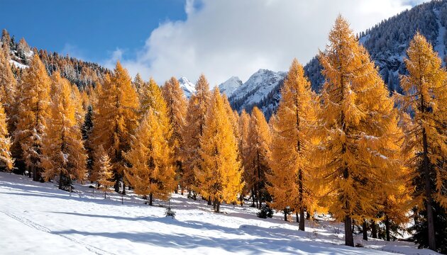 Golden larches stand tall in a snowy valley, mountains rising in the background under a partly cloudy sky