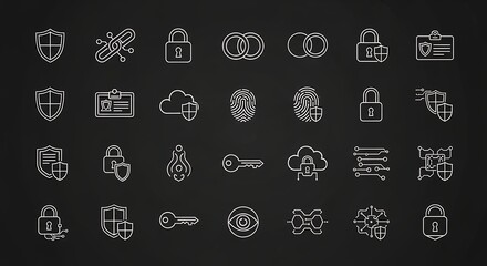 Collection of minimalist security and protection icons displaying various digital safety measures on a dark background