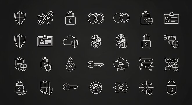 Collection of minimalist security and protection icons displaying various digital safety measures on a dark background