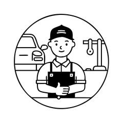 Vector art of car mechanic in circle modern vector illustration of a repairman in uniform standing in front of a car
