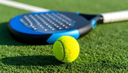 Essential padel equipment, a ball and racket on the court, capturing the moment before the serve and the spirit of the game