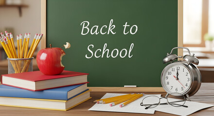 Back to school theme with alarm clock books pencils and apple core on a desk in front of a chalkboard