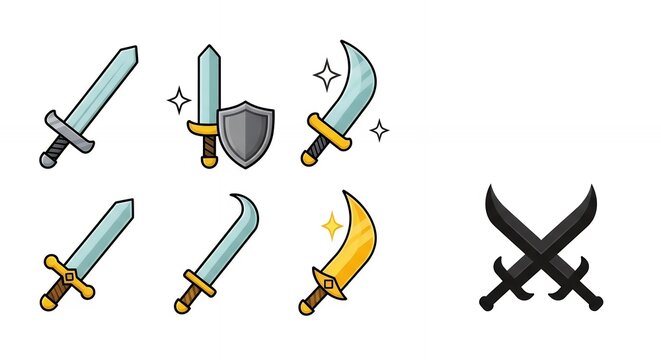Diverse Cartoon Swords and Shield Collection for Fantasy Game Assets and Medieval Illustrations
