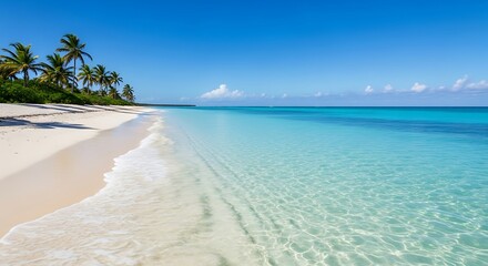 A pristine white-sand beach meets a vibrant turquoise sea, bathed in bright sunlight, showcasing a tranquil and idyllic tropical scene.