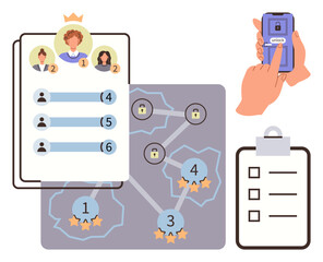 Leaderboard showcasing user rankings, progress map with star ratings, hand unlocking smartphone, checklist clipboard. Ideal for gamification, achievement tracking, goal-setting, progress, rankings