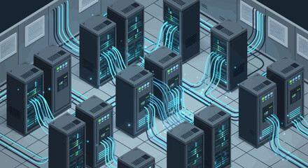 Isometric illustration of interconnected server racks in a data center.