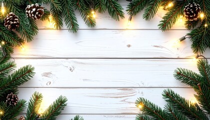 Christmas fir, pine cones, & string lights adorn whitewashed wood for festive backdrop
